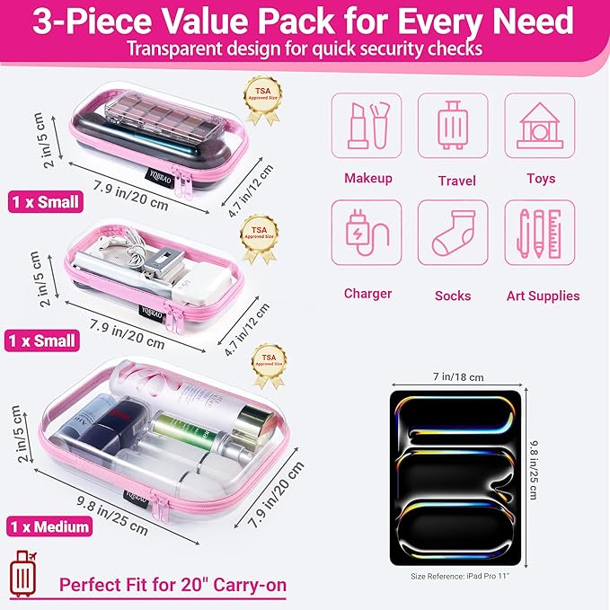 3 Pack Hard Sided Clear Zipper Case for Storage- Thickened-Grade Clear Hard Shell Zipper Case for Organizing Bead, Handicrafts, Sewing, Toiletries, Makeup (Pink)