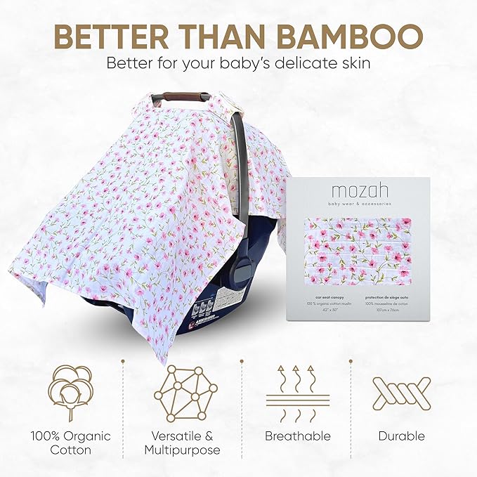 MOZAH Baby Car Seat Cover - Pink Floral Leaves - 100% Organic Muslin - Soft, Breathable and Lightweight, Baby Infant Car Seat Essentials