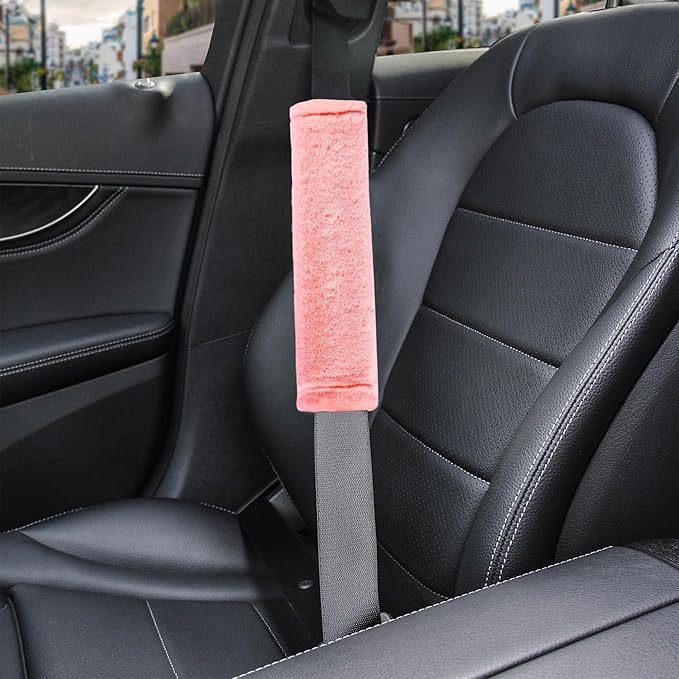 Amooca Soft Faux Fur Universal Fit Seatbelt Cover Car Truck SUV Airplane Seat Belt Shoulder Pad for Carmera Backpack Straps Neck Cushion Protector 2 Pack 10.5in Orange Pink