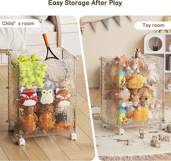 YikeChai Stuffed Animal Storage with Wheels, Rolling Toy Storage Bin, Slim Tall Kid-Safe, Impact-Resistant Organizer for Playroom/Nursery/Bedroom, 360° Wheels, Fits Yoga Mats & Sports Gear (Glacier)