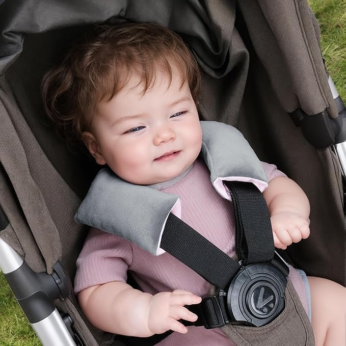COOLBEBE Car Seat Straps Shoulder Pads for Baby Kids, Super Soft Seat Belt Covers for All Car Seats/Pushchair/Stroller/High Chair(Grey/Pink)