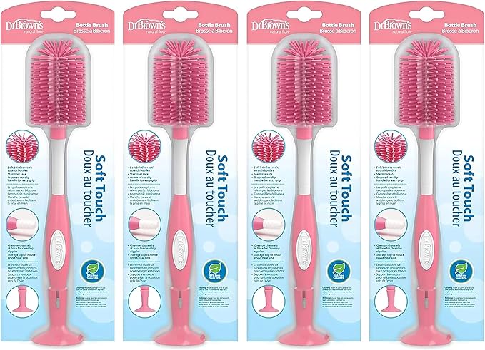 Dr. Brown's Soft Touch No Scratch Baby Bottle Cleaning Brush, Nipple Cleaner & Suction Cup Base for Easy Storage, BPA Free, Pink (Pack of 4)