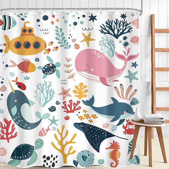 Kids Shower Curtain 72Wx84H Extra Long Ocean Cute Cartoon Whale Funny Kid Bathroom Decor Nursery Boys Girls Underwater Coastal Submarine Fish Animal Bath Curtain Fabric Polyester 12 Pack Hooks