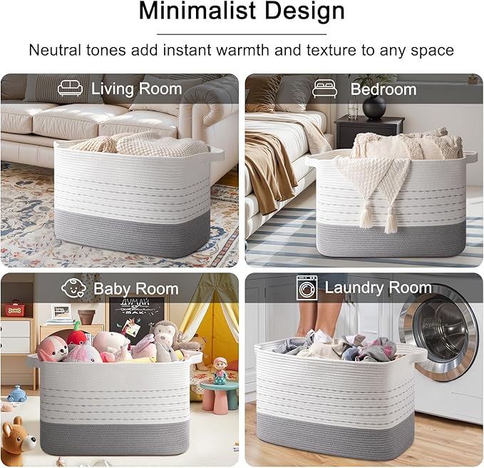 OIAHOMY 108L Extra Large Blanket Basket, 25”x16”x16” Rectangle Woven Cotton Rope Baskets for for Living Room, Toy Storage with Handle- Gradient Grey