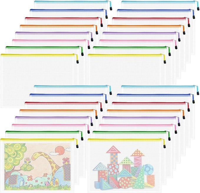 VVCOIIROEI Mesh 32pcs Zipper Pouch Bags - A3 Size, 8 Color Mesh Zipper Pouches for Organizing, Board Game, Travel, School & Office