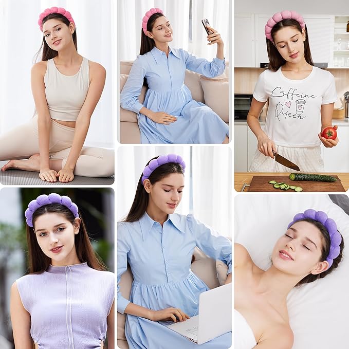 Spa Facial Headbands Combo Pack - 2 Terry Cloth Makeup Headbands for Face Washing, Masks, and Skin Treatments (Pink + Purple)