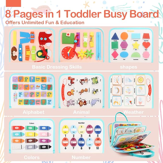 Teefrye Toddler Busy Board Montessori Toys for Toddlers 1-3 Year Old Educational Activity Book Board Sensory Travel Toys Ages 3-5 Preschool Learning Fine Motor Skills Toy Quiet Book Gift for Kids