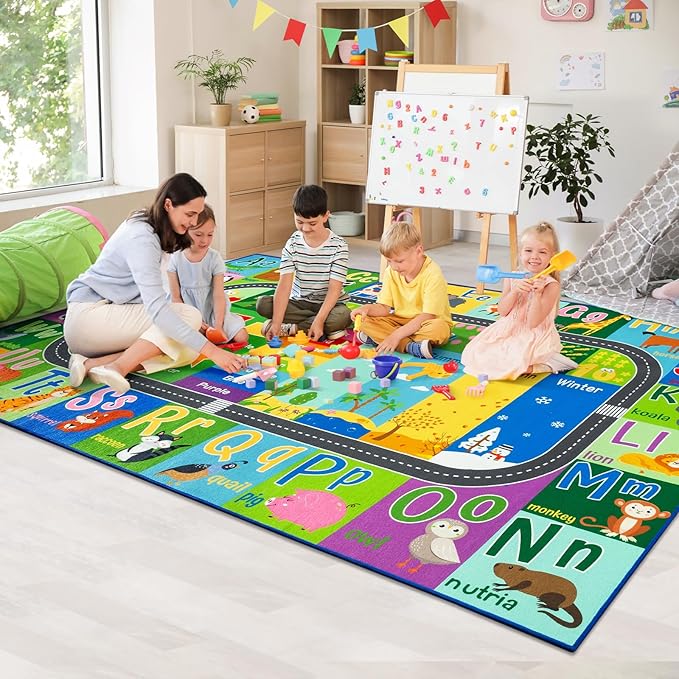 HOMORE Kids Rug, 9x12 Large Educational Rugs for Classroom Kids Collection ABC Rug for Learning Alphabet, Numbers, Colors, Season and Animal Words, Play Rugs for Playroom,Green