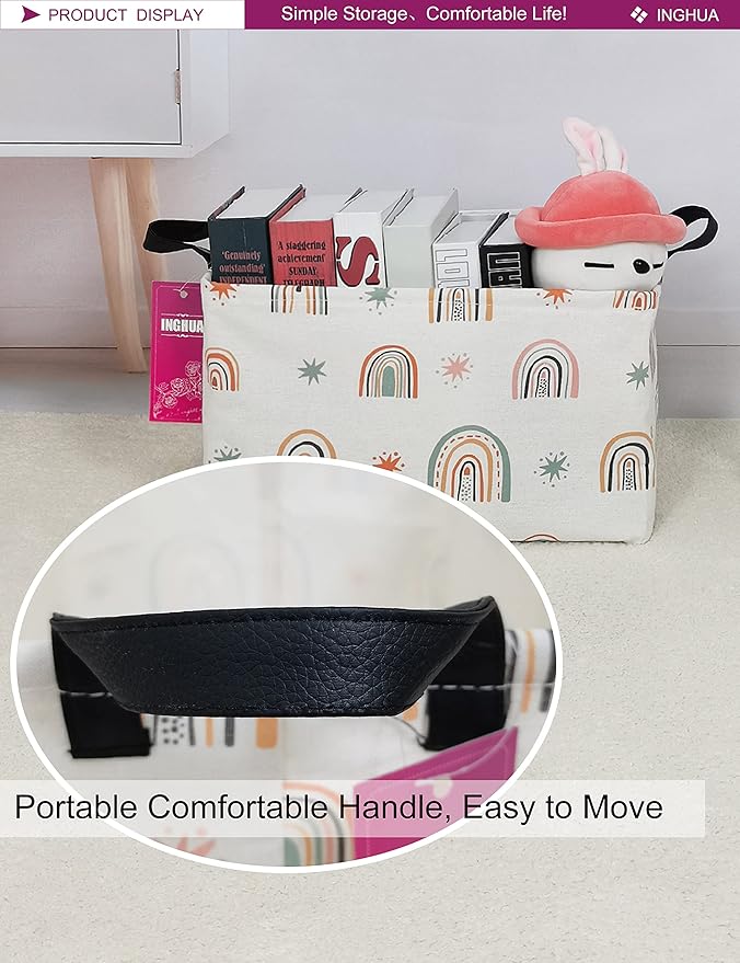 INGHUA Rectangular Storage Basket Fabric Organizer Bin for Toys,Books,Clothes,Gifts,Pets-Perfect for Home,Office,Nursery,Dorm,Shelf(Rec-Star Rainbow )