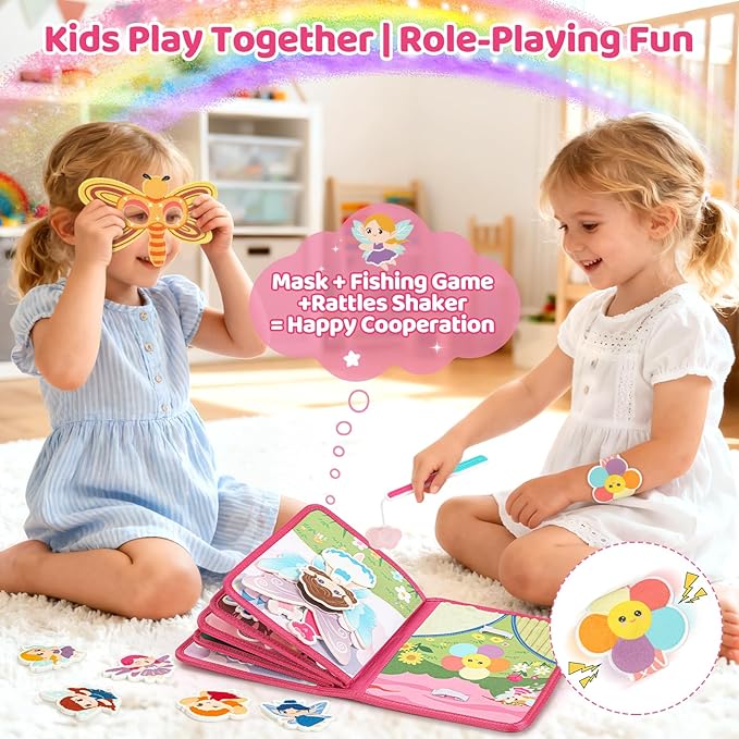 22 in 1 Busy Book for Toddlers 1-3-Sprite Montessori Toy Busy Board for 1 Year Old with Fishing Game, Educational Sensory Quiet Toy, Airplane Car Travel Essential Valentines Birthday Easter Gift Girl