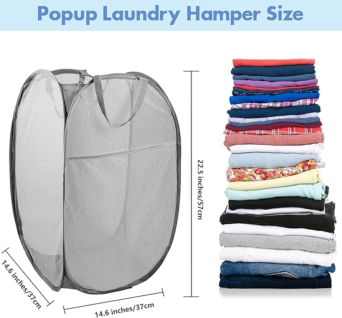 DUCOO Pop Up Laundry Hamper, 70L Collapsible Mesh Laundry Basket with Side Pocket, Foldable Dirty Clothes Hamper with Sturdy Reinforced Handles for Home Dorm Bedroom Travel Bathroom Storage, Gray