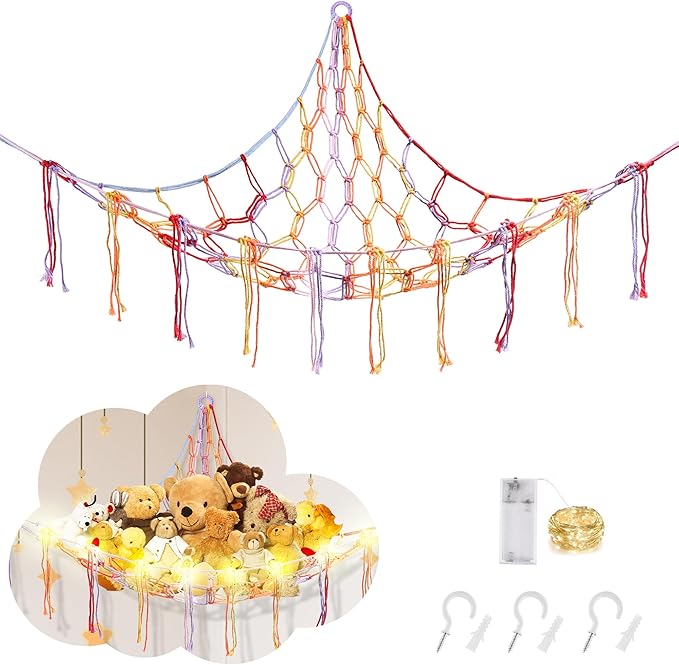 CERETIA Stuffed Animal Hammock with LED Light, Large Stuffed Animals Storage Corner Plushie Net for Kids Room Decor, Rainbow