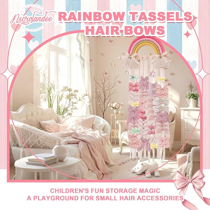 NICROLANDEE Rainbow Tassels Hair Bows Holder Hanging - Baby Hair Accessories Storage Bow Organizer Wall Hanger Decor for Baby Girls Wall Hanging Decor for Girls Room Ornament (Pink Yellow)