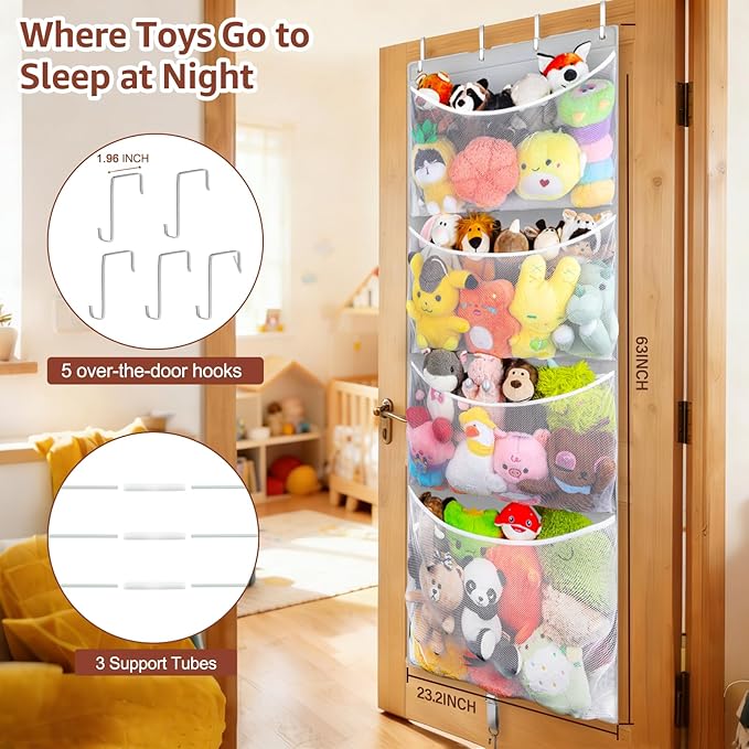 Woodoulogy Hanging Stuffed Animal Storage, Over Door Large Plush Toy Organizer with Metal Hook, Baby Accessory Holder Idea for Nursery, Doll & Bear Mesh Hammock Bag for Girl Boy Kid Room