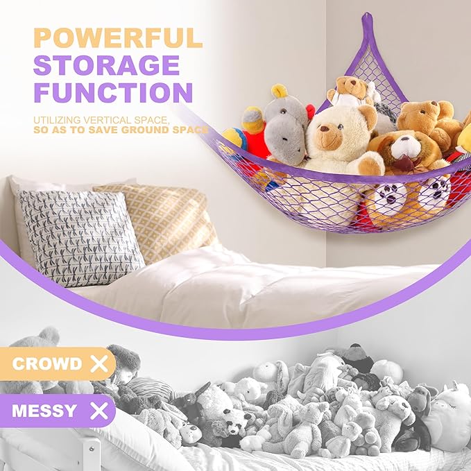 Lazebox Stuffed Animal Net Hammock for Plushie Toys, Stuffed Animal Hammock Corner for Kids' Room Decor, Ideas for Organizing Stuffy Collection, Purple, L (67" x 40" x 40")-Pack of 1