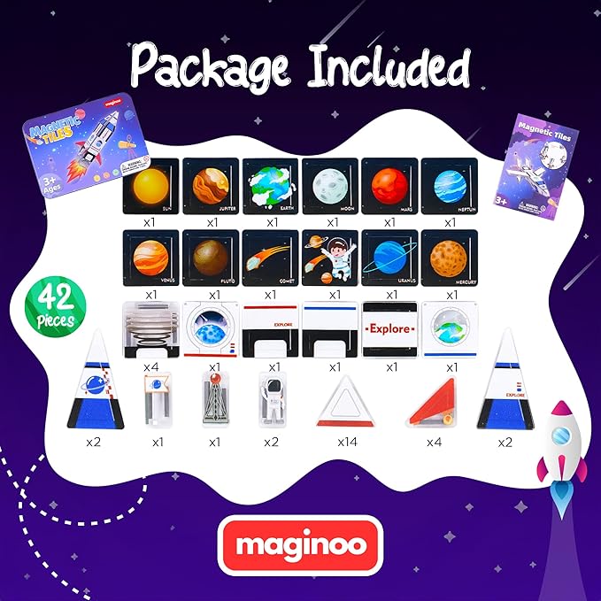 Maginoo 42PCS Mini Magnetic Tiles Space Rocket Travel Set with Iron Box STEM Educational Building Blocks Magnetic Construction Toy for Kids Ages 3 to 8 Creative Gift for Boys and Girls