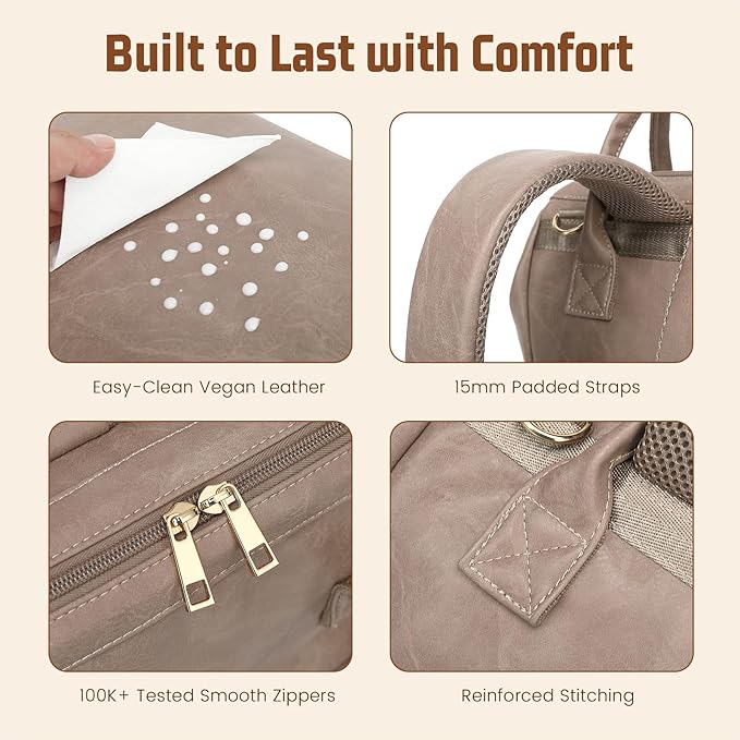 ROSEGIN Premium Vegan Leather Diaper Bag Backpack with Waterproof Changing Pad – Reinforced Stitching & Zippers, Baby Bag for Boy Girl, Stroller Straps, Ergonomic Design for Traveling Moms, Taupe