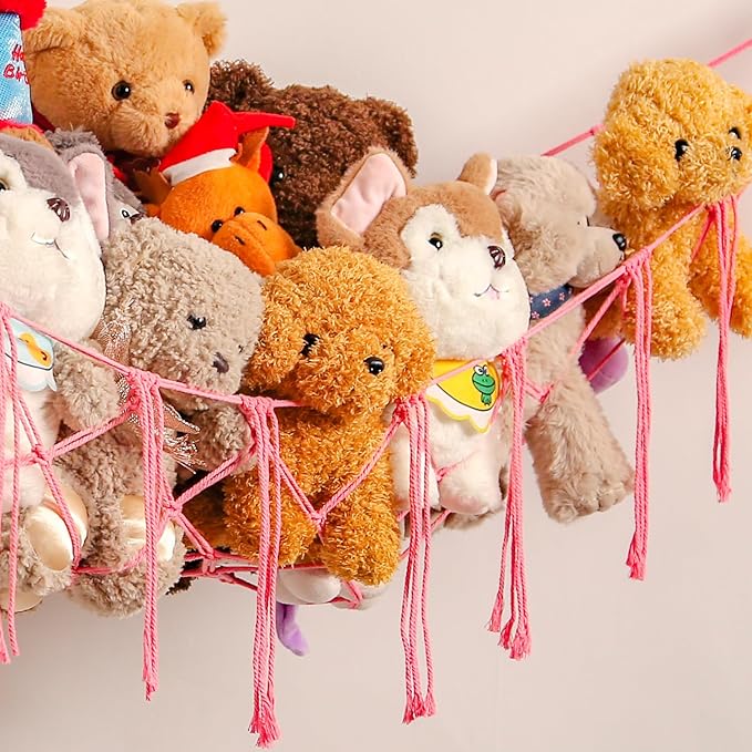 YKBU Stuffed Animals Hammock Corner Hanging Net Macrame Stuffed Animal Storage Plush Toy Holder Toy Organizer for Boho Nursery Playroom Bedroom Kids Room (pink, m)