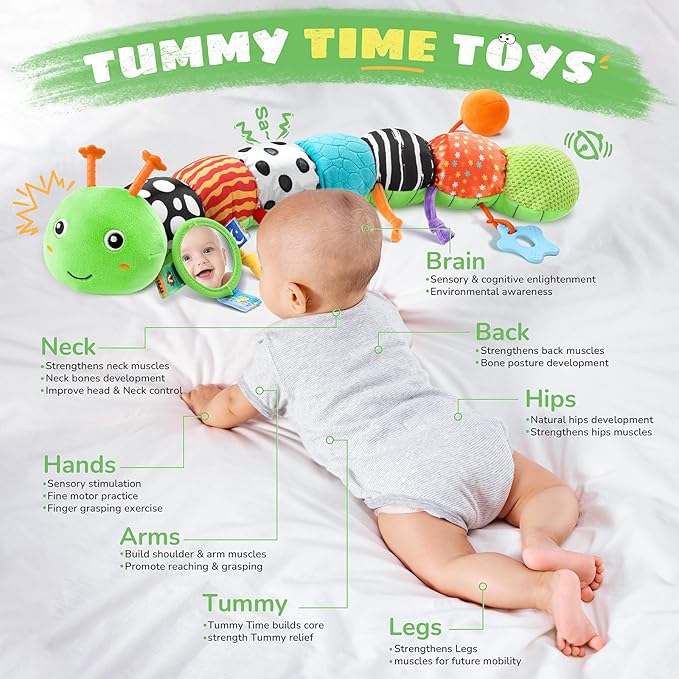 Baby Toys 6-12 Months Music Caterpillar,Stuffed Animals Infant Toys 0-3-6 Months,Teething Sensory Toys Tummy Time with Mirror Crinkle Rattle&Pull String for Boys Girls Gifts Birthday|Green
