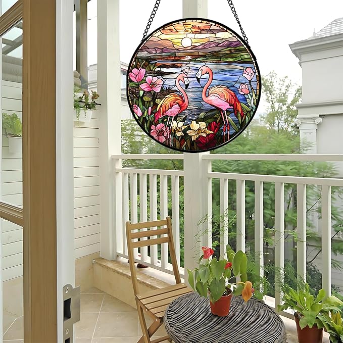 JOSUMALY Stained Glass Window Hanging - Flamingo Wildflowers Landscape Suncatcher for Door Terrace Garden Home Decor Sunset Lake Sun Catcher Birthday Gifts for Lovers Women Men Dad Mom Nana 15 in