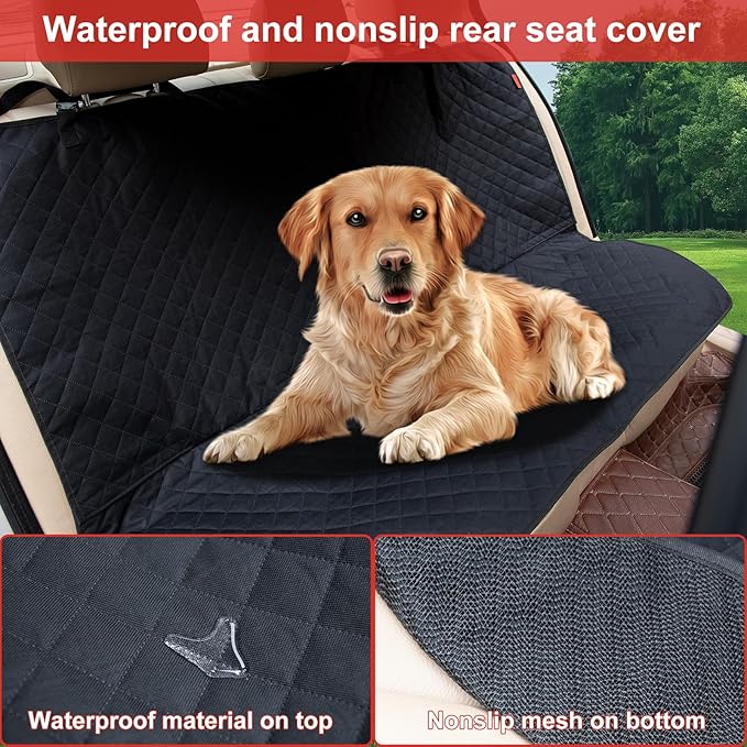 Waterproof Dog Car Seat Cover for Back Seat, Non-Slip & Universal Fit for SUV, Car, Truck with 4 Safety Belt Openings for Secure Travel