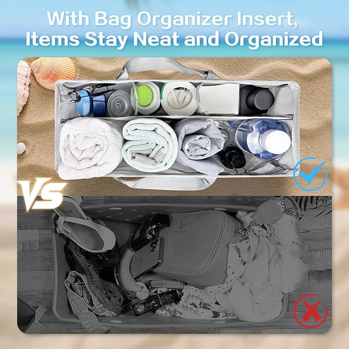 XYFuuee Beach Bag Organizer Inserts for Large Simple Modern Bag Accessories, with 8 Removable Metal Fasteners, Lightweight Mesh Insert Divider Pouch, Organizing Rubber Tote, Save Space, Gray
