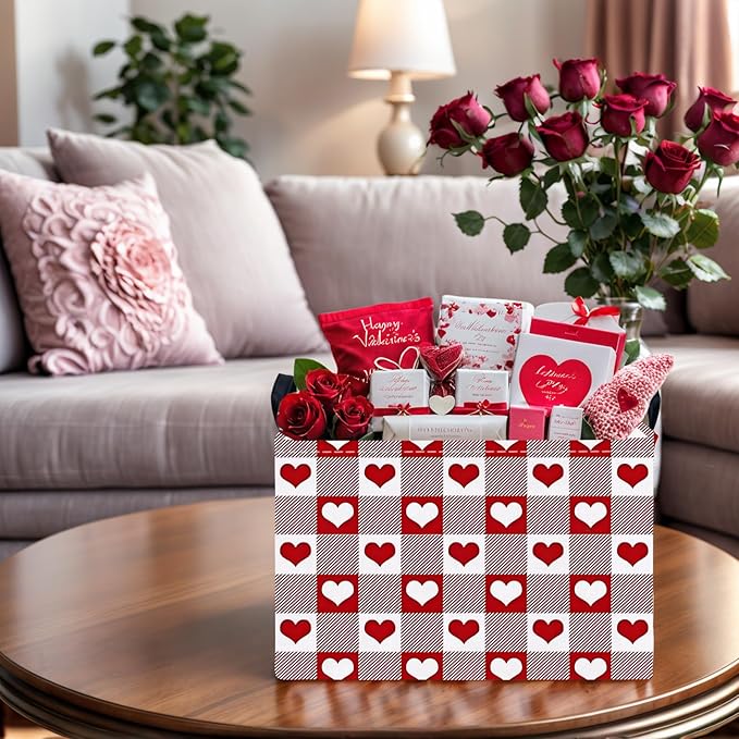 ASKETAM Valentine's Day Basket for Gifts Empty Cute Heart Large Gift Basket Decorative Storage Bin for Kid and Baby Room Décor (Deep Red Checkered Heart)