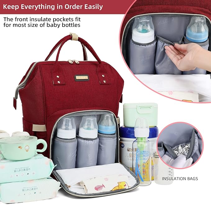GAIVP Diaper Bag Backpack, Diaper Bags for Baby Girls Boys, Baby Bags for Moms Dads, Nappy Changing Bag with Insulated Pockets,Multi-functional Waterproof Backpack with Stroller straps-Red