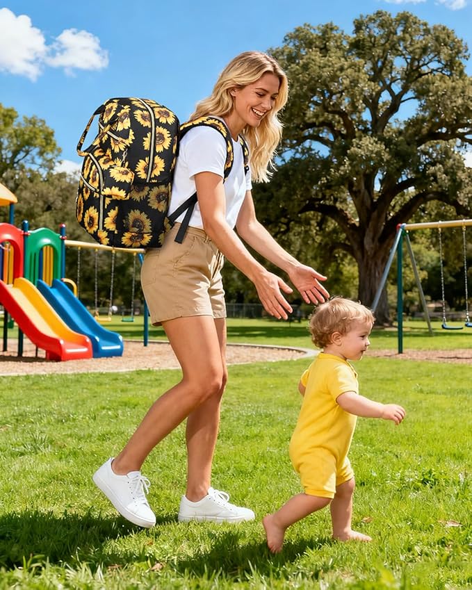 Pritent Diaper Bag Backpack,Baby Essentials Diapers Bag with Pacifier Case,Multipurpose Stylish Large Capacity Travel Backpack for Baby Girl/Boy(M-Sunflower)