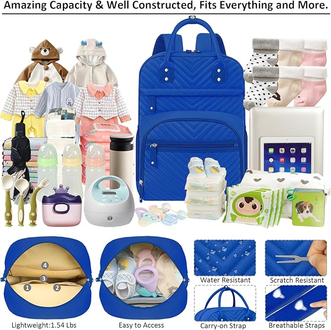 Diaper Bag Backpack Tote for Women Large Capacity, Baby with Insulated Pockets Multifunctional Bags For Girl Boy Waterproof Boys Girls Mama Maternity Travel Royal Blue