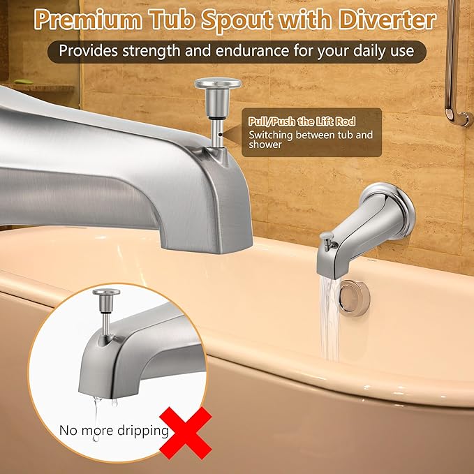 Dreyoo Tub Spout (Universal Fits 1/2" Copper Pipe, 1/2" IPS and 3/4" IPS), Bathroom Bathtub Faucet with Adapters and Hex Wrench(Brushed Nickel,Simple)