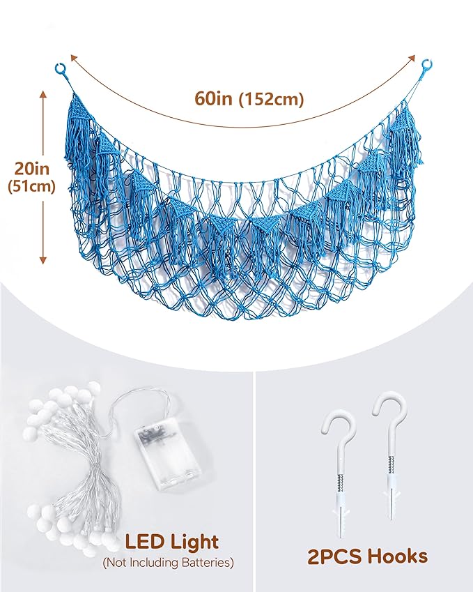 Boho Macrame Stuffed Animal Hammock with LED Lights – Large Wall Hanging Plushie Net, Corner Toy Organizer for Kids Bedroom, Nursery, Playroom & Dorm (Blue XXL)