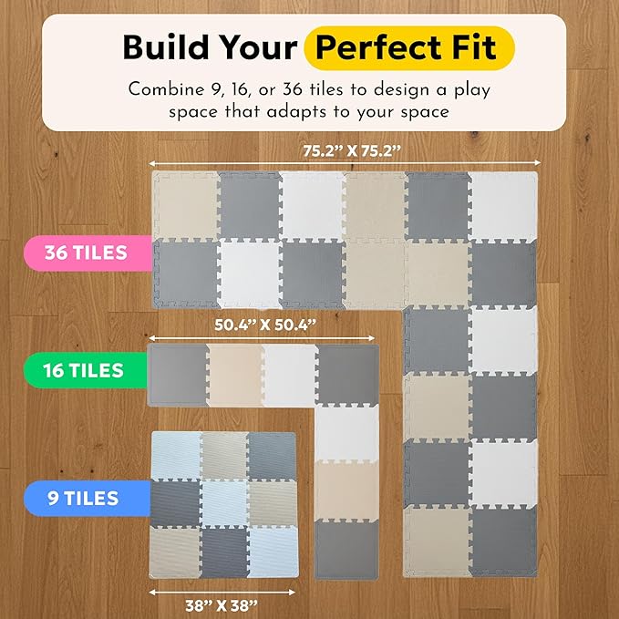 MioTetto Baby Play Mat, Comfortable Tummy Time Mat – Portable Foam Floor Tiles, Safe baby mat for floor for Crawling & Development, Soft play mat for babies 0-6 months, Stylish interlocking foam tiles
