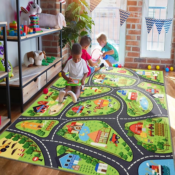 Farmyard Adventure Play Rugs, Educational and Fun Farm Play Mat for Kids, 6x9ft Non-Slip Playmat with Barns, Animals & Crops for Imaginative Play, Nursery, Playroom and Classroom