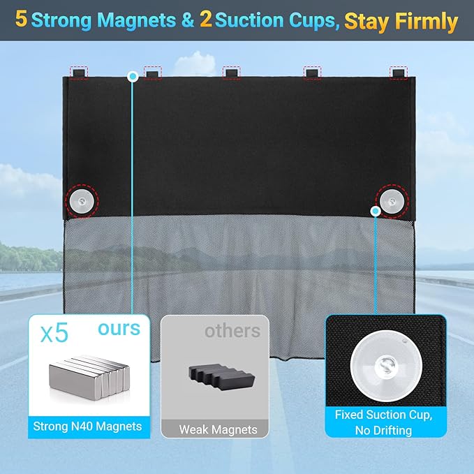 Car Window Shades, 2 Pcs Half Blackout & Half See-Through Magnetic Sun Shade for Rear Window Covers with Fixed Suction Cups,Car Curtains for Baby Sun/Heat/UV Protection