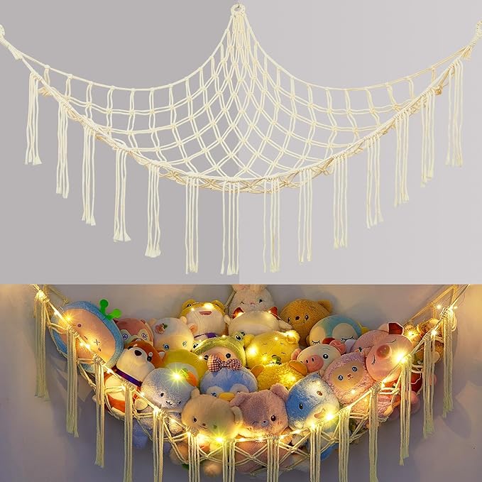 Basumee Stuffed Animals Net or Hammock with LED Light, Hanging Stuffed Animals Storage Toy Hammock Net Corner Wall Girls Room Decor Toy Storage Organizer, Cream, L
