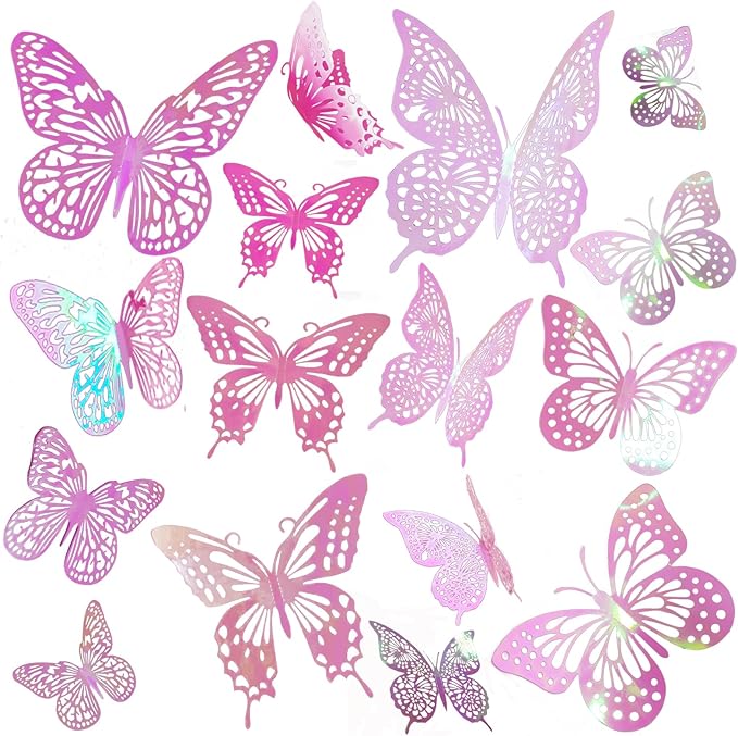 JOSDIOX 3D Laser Pink Butterfly Wall Stickers - 48 Pcs with 4 Styles & 3 Sizes, Removable Decor for Party Birthday Wedding Cake Balloon Decoration(48 Laser Pink)