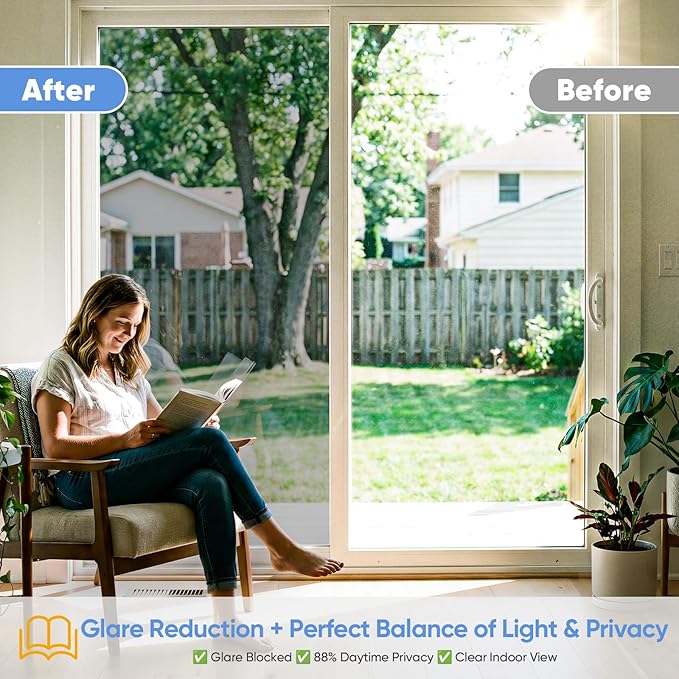 SUNBABY Window Tint for Home, One Way Privacy Film Heat & UV Blocking, Static Cling No Glue Renter Friendly Cover for Home Bedroom, Office & Sliding Glass Door, 17.5 x 118.1 Inch with 3 Tools, Silver