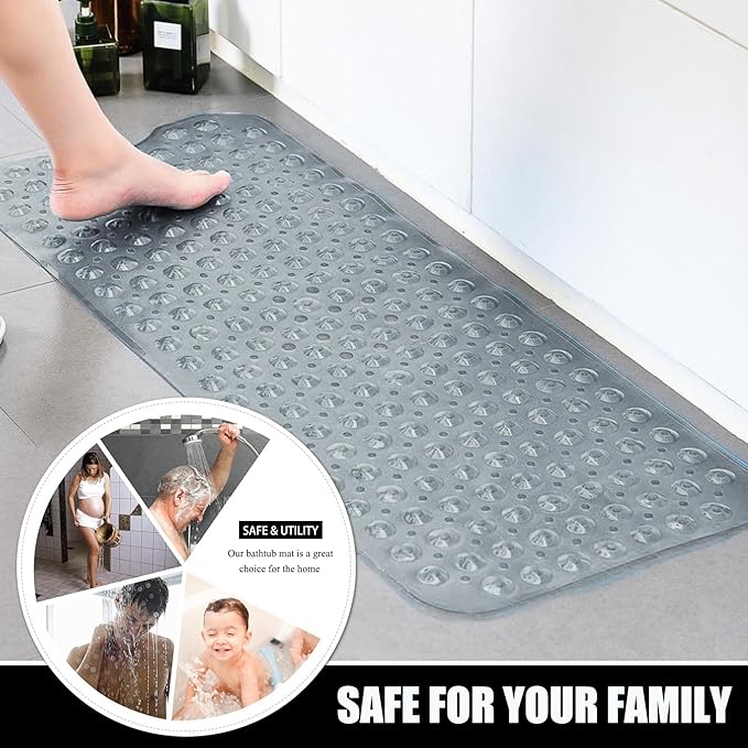 Bathtub and Shower Mats, Extra Long Non-Slip Bath Mat 39 x 16 Inch, Machine Washable Bath Tub Mat with Suction Cups & Drain Holes for Bathroom, Clear Grey