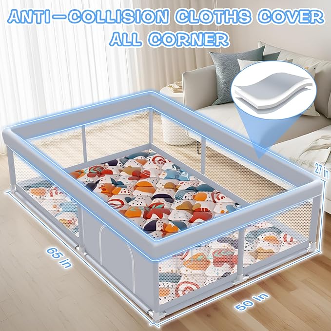 Baby Playpen with Mat, 65 x 50 Inch Play Pen Playards, Playpen for Babies and Toddlers, Baby Playard for Indoor & Outdoor Active Center Game Fence, Skin-Friendly Fabric and Soft Breathable Mesh