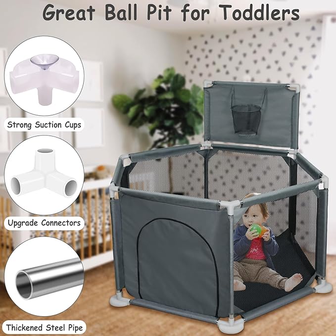 Baby Playpen, 50x50 Inch Playpen for Babies and Toddlers, Small Baby Play Yard, Indoor Outdoor Safety Activity Center Play Pen with Breathable Mesh and Basketball Hoop, Grey