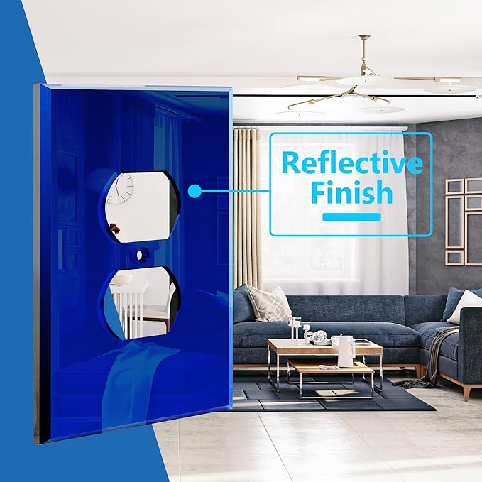 LIDER Duplex Receptacle Wall Plate, Mirrored Outlet Cover for Duplex Outlet, Plexiglass Outlet Cover, Reflective Finish, Acrylic Glass, Modern Upgrade, Oversized 1-Gang 5.25" x 3.44", Blue