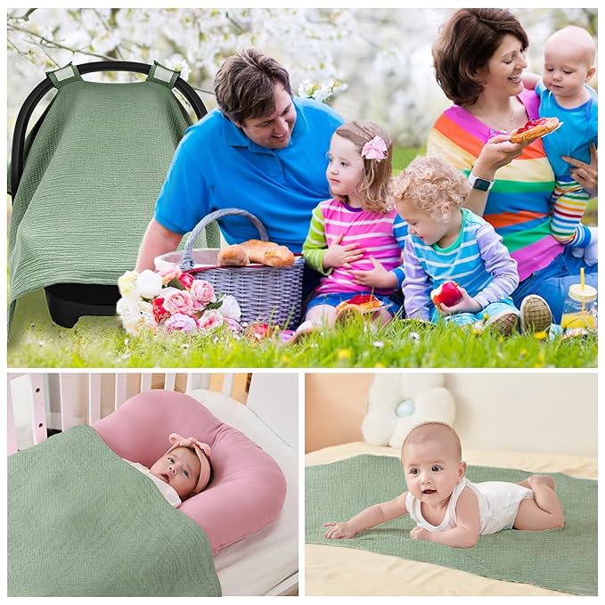 SERAPHY 100% Muslin Cotton Car Seat Cover Baby, 2 Pack Universal Carseat Covers Baby Boy Girl, Breathable Car Seat Canopy, Soft Infant Car Seat Cover for Summer and Winter—2 Pcs Green&Forest
