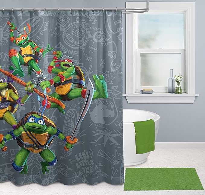 Jay Franco Nickelodeon Teenage Mutant Ninja Turtles Fabric Shower Curtain - Kids Grey Bathroom Décor with Leonardo, Raphael, Michaelangelo and Donatello
