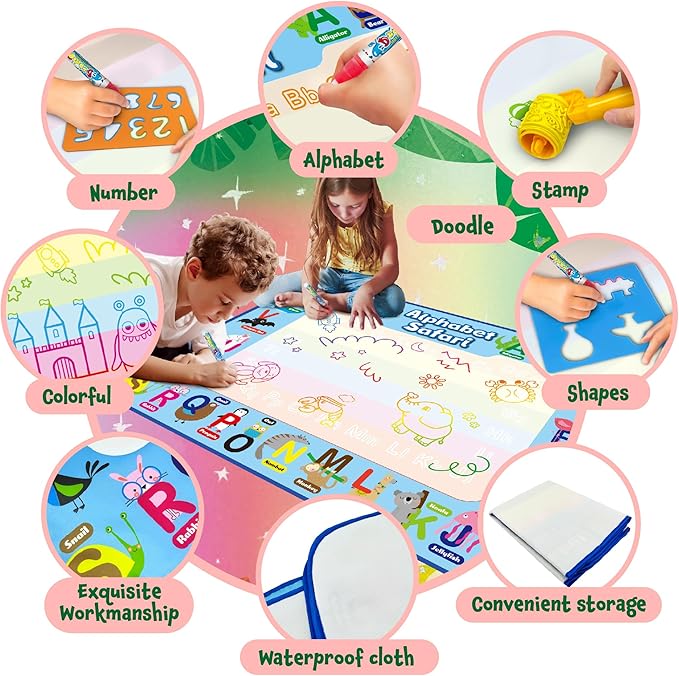 ANIMOLDS Water Doodle Mat 40″ × 32″ – Aqua Magic Drawing Board for Toddlers & Kids | Alphabet Safari Theme Educational Art Play Mat | Reusable, Mess-Free Water Painting Toy