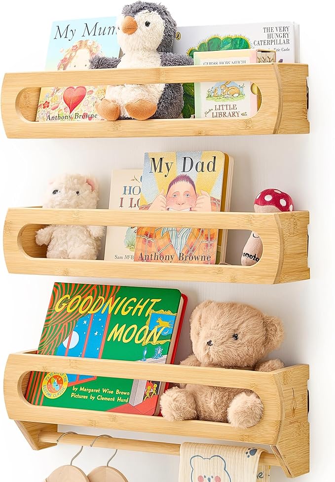 Homewisp Floating Shelves for Wall, Premium Bamboo Wood, Fully Assembled - Nursery Book Shelves, Nursery Decor, Book Shelf for Kids Rooms, Wall Mounted Bookshelves, Set of 3 Natural