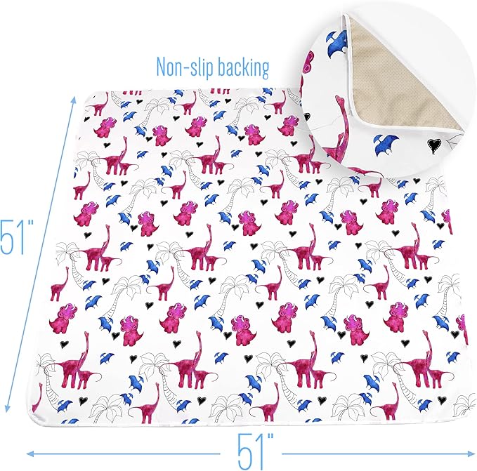 JumpOff Jo - Large Baby Splat Mat for Under High Chair, Booster Seat, Tabletop, Food Catcher - Protect Floor and Carpet from Spills & Crafts - Waterproof and Washable (Pink Dinosaur)