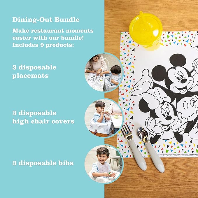 J.L. Childress Disney Baby Dining Out Bundle - Disposable Table Placemats & Bibs for Baby, High Chair Covers for Restaurant, Kids Travel Essentials for Eating - 3 Bundles