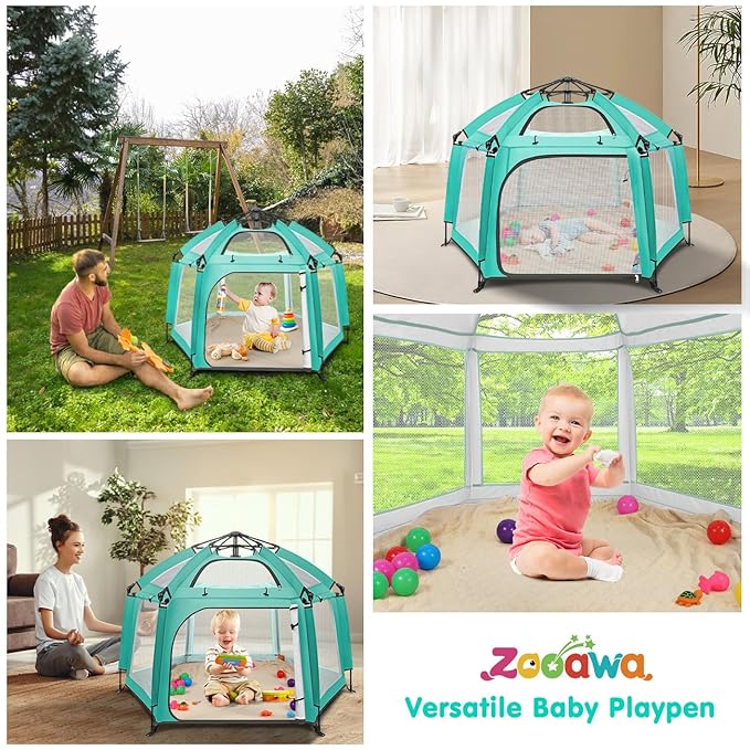 Zooawa Pop Up Playpen for Baby, Portable Play Yard for Babies and Toddlers with Removable Sun-Shades& 2 Side UV Covers, Lightweight Outdoor Baby Playpen with Travel Bag,Beach,Home, Mint Green