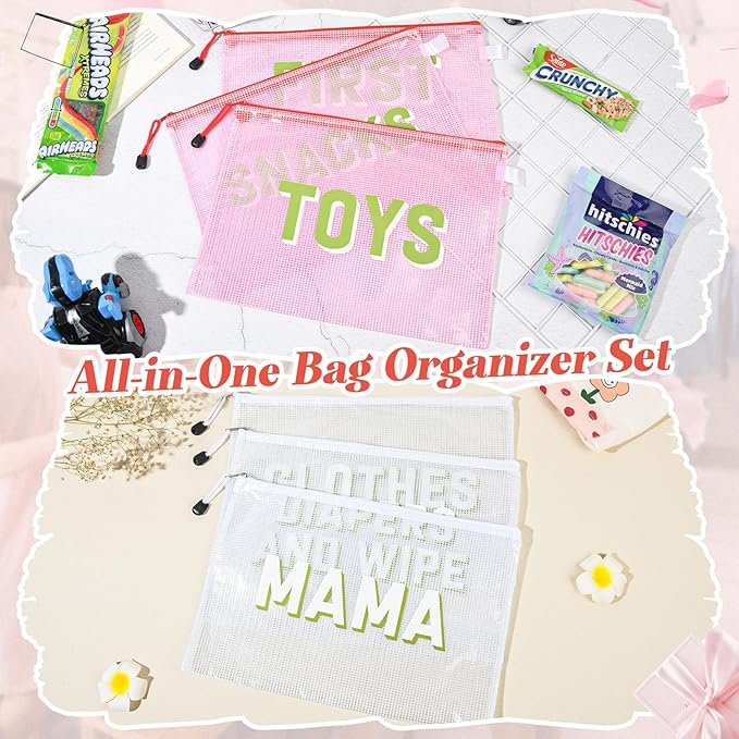 6pcs Hospital Diaper Bag Organizing Pouches for Labor and Delivery, Maternity Essentials Diaper Bag Organizer for Mommy Travel - White/Pink